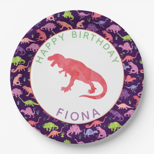 Girls Personalized Dinosaur Birthday Party Pattern Paper Plates