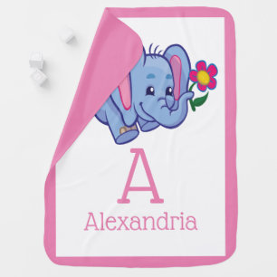 Girls Personalized Elephant With Pink Flower Baby Blanket