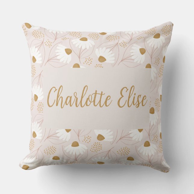 Girls Personalized Floral Pink Decorative  Throw Pillow (Front)