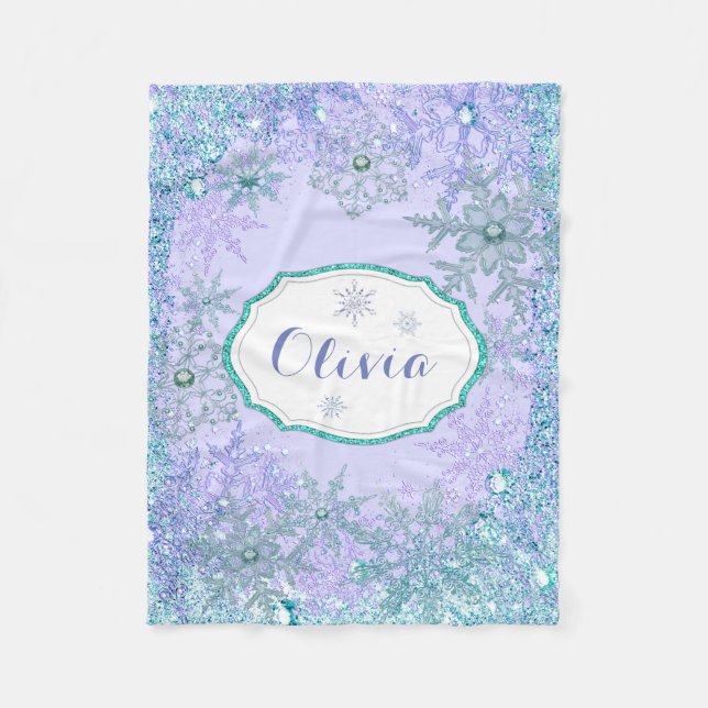 Girls Personalized Frozen Snowflake Fleece Blanket (Front)