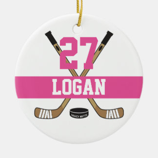 Girls Personalized Hockey Player Name Number Pink Ceramic Ornament