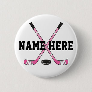 Girls Personalized Hockey Player Name Pink Pinback Button