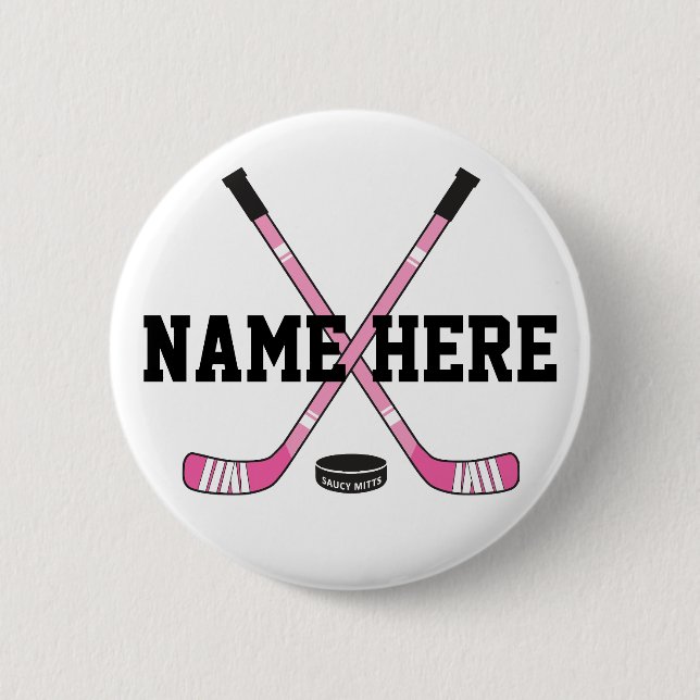 Girls Personalized Hockey Player Name Pink Pinback Button (Front)