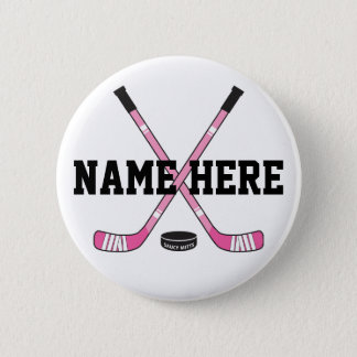 Girls Personalized Hockey Player Name Pink Pinback Button