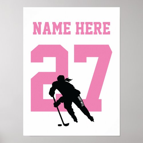 Girls Personalized Hockey Player Number Pink Poster