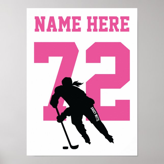 Girls Personalized Hockey Player Number Pink Poster (Front)