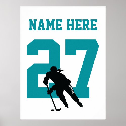 Girls Personalized Hockey Player Number Teal Poster