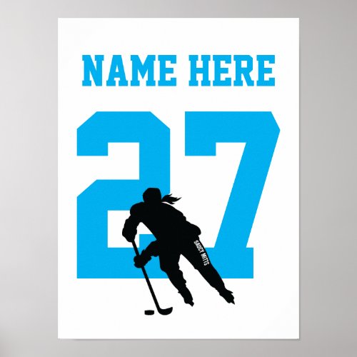Girls Personalized Hockey Player Number Turquoise Poster