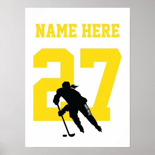 Girls Personalized Hockey Player Number Yellow Pos Poster