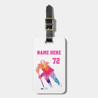 Girls Personalized Hockey Player Watercolor Luggage Tag