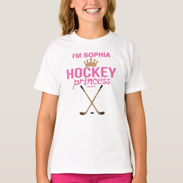 Girls Personalized Hockey Princess Name Pink T-Shirt (Front)