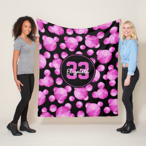 girls personalized hot pink softballs pattern fleece blanket