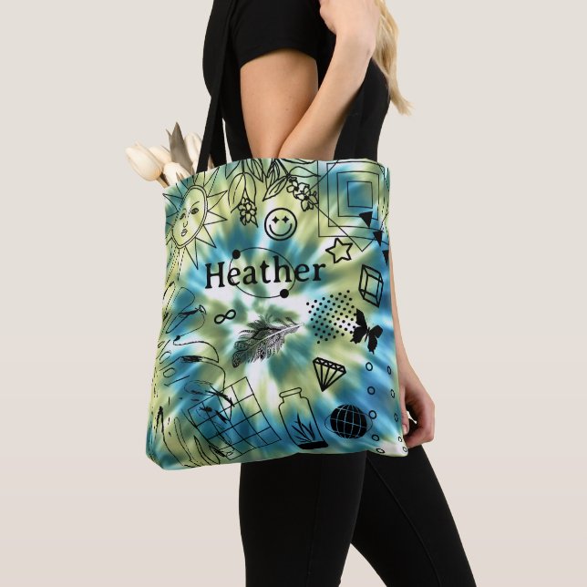 Girls Personalized Name Boho Tie Dye Tote Bag (Close Up)