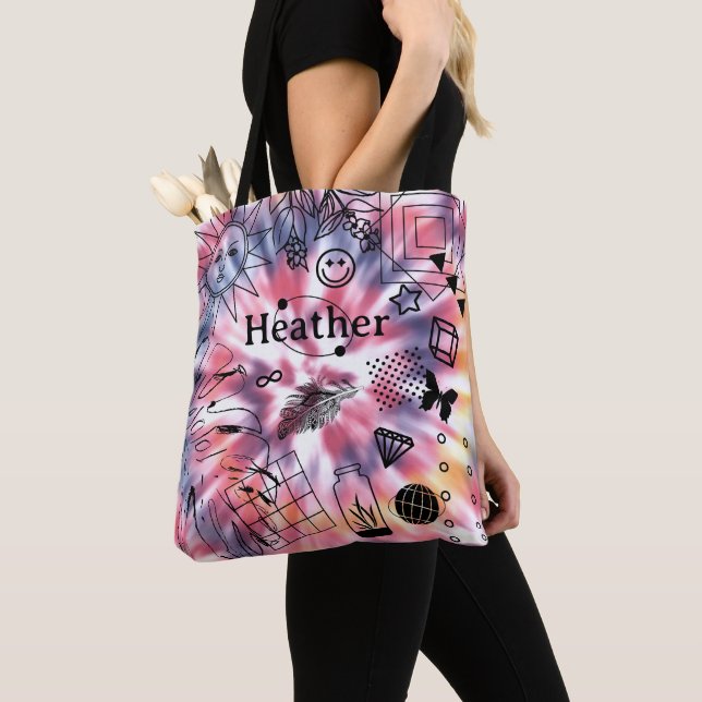 Girls Personalized Name Boho Tie Dye Tote Bag (Close Up)