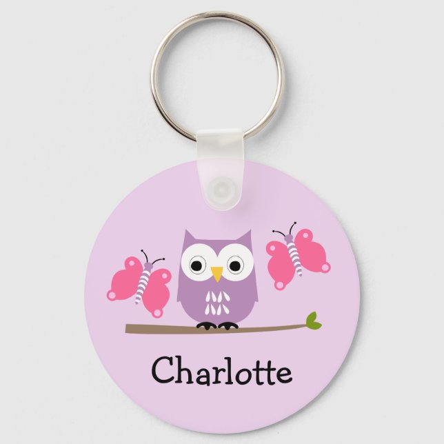 Girls Personalized Owl And Butterflies Key Ring (Front)