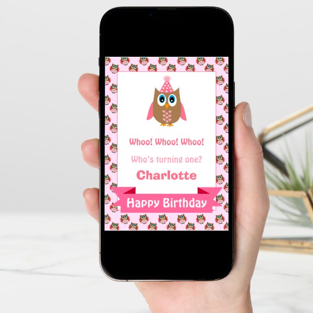 Girls Personalized Owl Birthday Card (Front Digital)