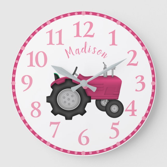 Girls Personalized Pink Tractor Wall Clock (Front)