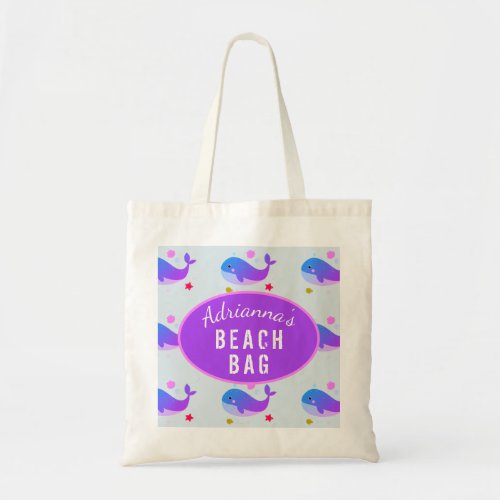 Girls Personalized Purple Whale Beach Tote Bag