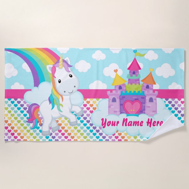 Girls Personalized Rainbow Castle Unicorn Towel (Front)