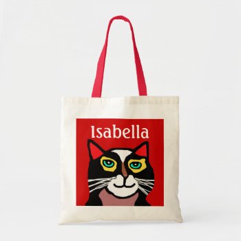 Girls Personalized Red & Black Cat Art Tote Bag by kidssportsfunstuff at Zazzle