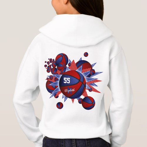 Girls personalized red blue basketballs stars hoodie