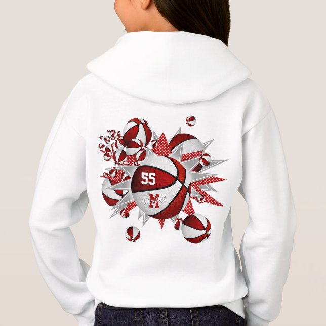 Girl's personalized red white basketballs stars hoodie (Back)