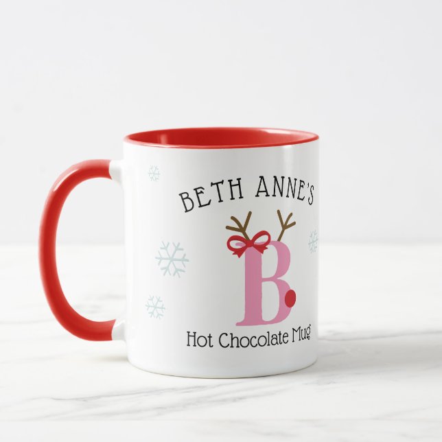 Girls Personalized Reindeer B Hot Chocolate Mug (Left)