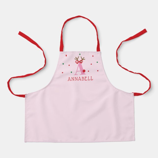 Girls Personalized Reindeer Initial A  Apron (Front)