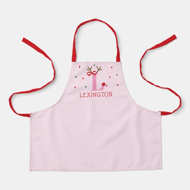Girls Personalized Reindeer Initial L  Apron (Front)