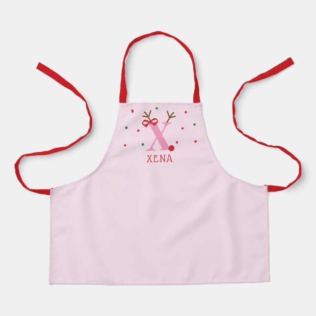 Girls Personalized Reindeer Initial X  Apron (Front)
