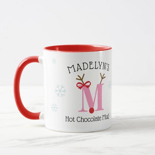 Girls Personalized Reindeer M Hot Chocolate Mug (Left)
