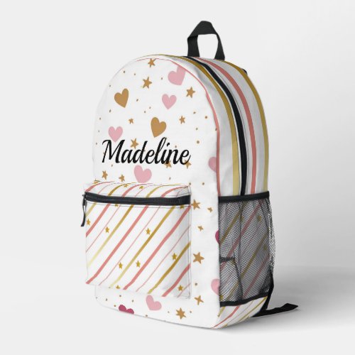 Girls Personalized Rose Gold Heart Stripe Printed Backpack
