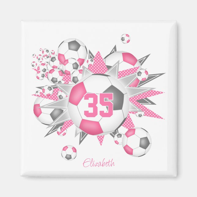 girls personalized soccer ball blowout pink gray  magnet (Front)