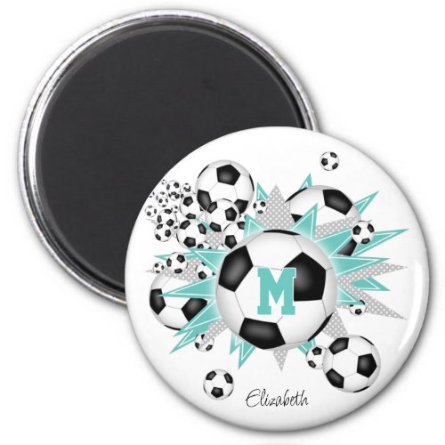 girls personalized soccer balls stars light teal magnet
