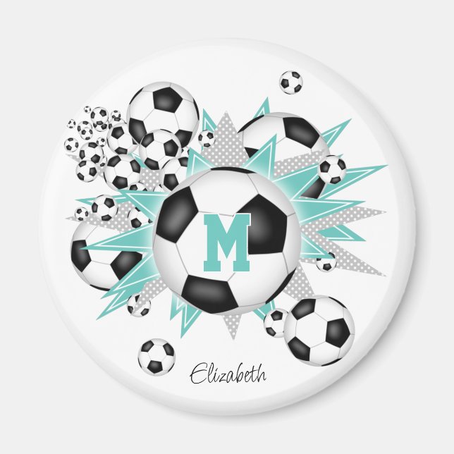 girls personalized soccer balls stars light teal magnet (Front)