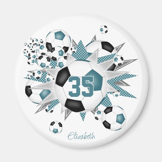 girls personalized soccer balls stars teal black magnet (Front)