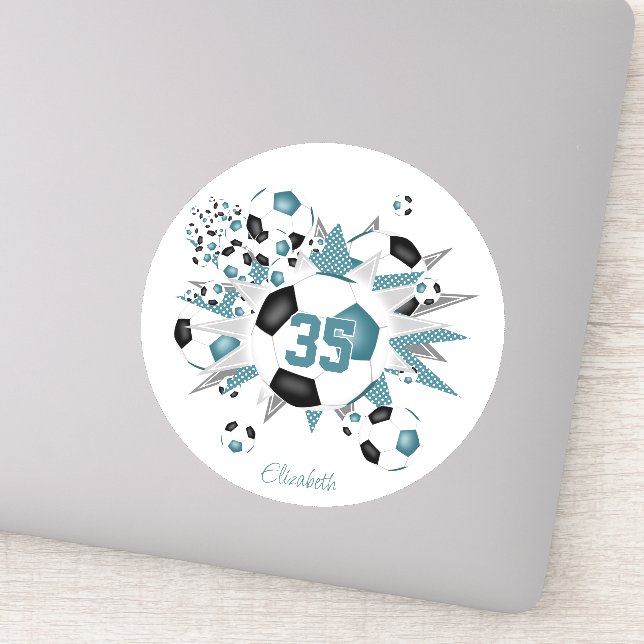 girls personalized soccer balls stars teal black sticker (Detail)