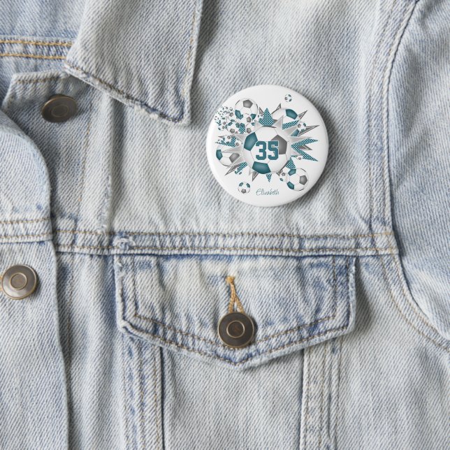 girls personalized soccer balls stars teal gray button (In Situ)