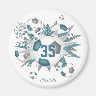 girls personalized soccer balls stars teal gray magnet