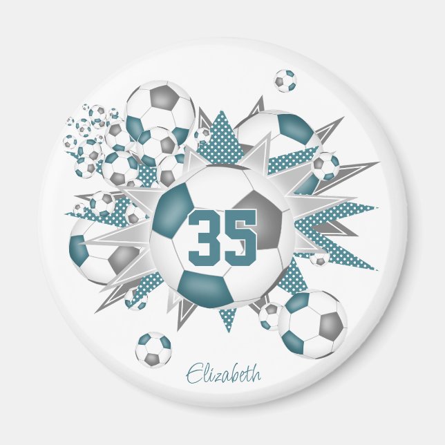 girls personalized soccer balls stars teal gray magnet (Front)