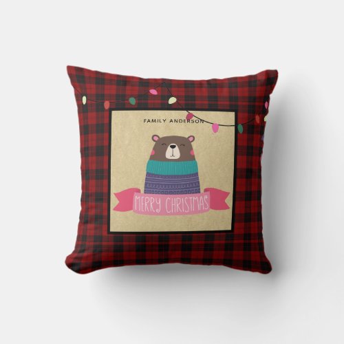 Girls Personalized Xmas Brown Bear Buffalo Plaid Throw Pillow
