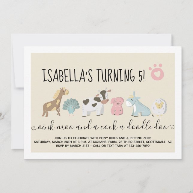 Girls Petting Zoo / Farm Barnyard Animals Theme Invitation (Front)