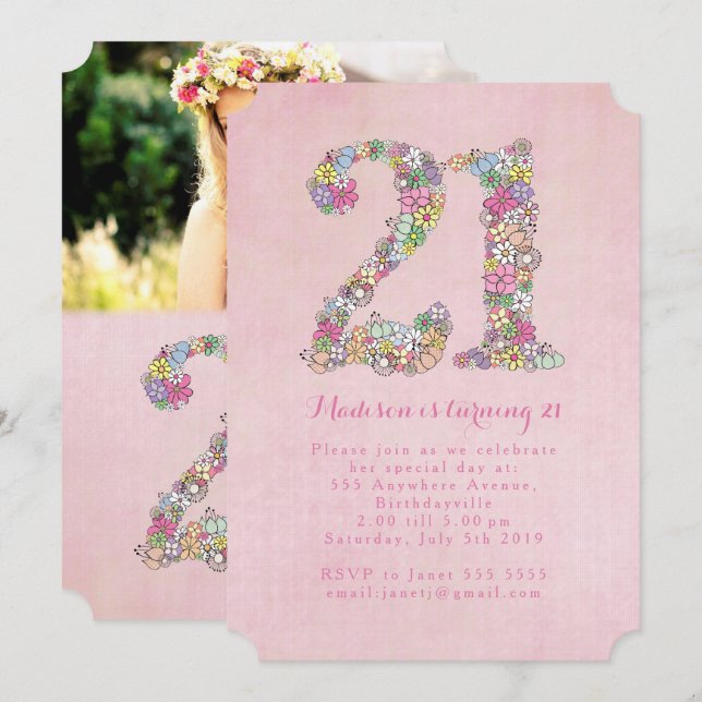 Girls Photo 21st Pink Floral Birthday Party Invitation (Front/Back)