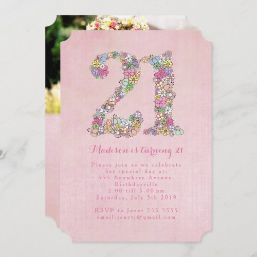 Girls Photo 21st Pink Floral Birthday Party Invitation