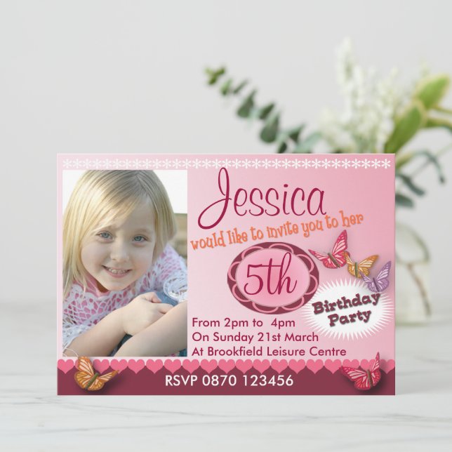 Girls Photo 5th Birthday Party Invite Cute (Standing Front)