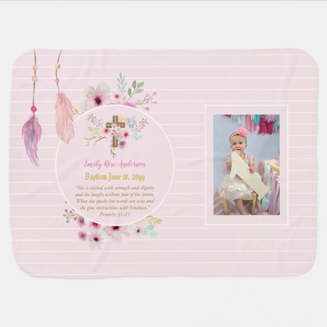Girls PHOTO Baptism Christening Gift Proverb 31:25 Baby Blanket (Horizontal)