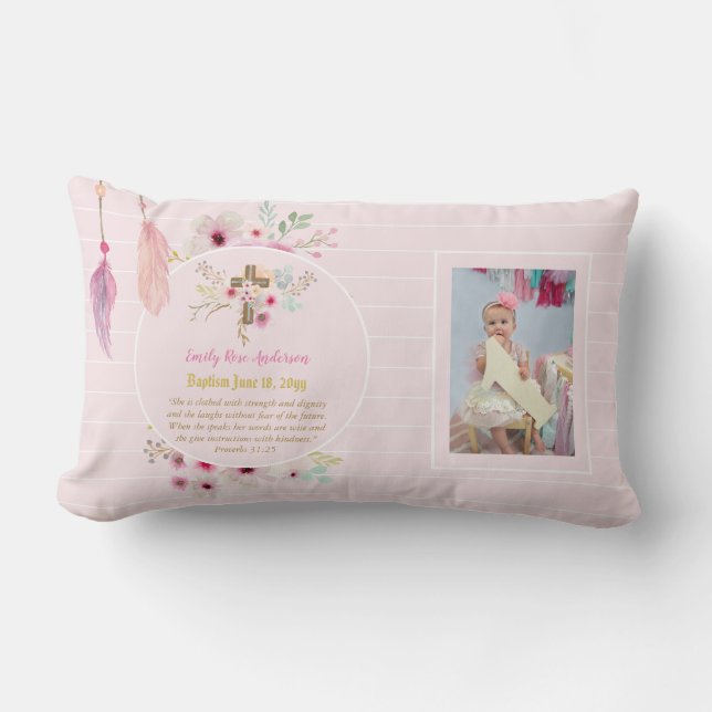 Girls PHOTO Baptism Christening Gift Proverb 31:25 Lumbar Pillow (Front)
