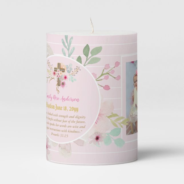Girls PHOTO Baptism Christening Gift Proverb 31:25 Pillar Candle (Front)