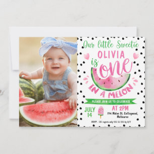 Girls Photo Black Pips One In A Melon 1st Birthday Invitation