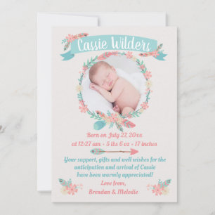 Girls Photo Boho Feather Wreath Birth Announcement
